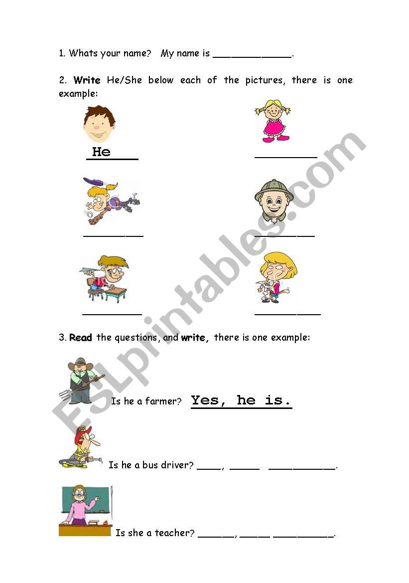 Elementary jobs, he/she worksheet