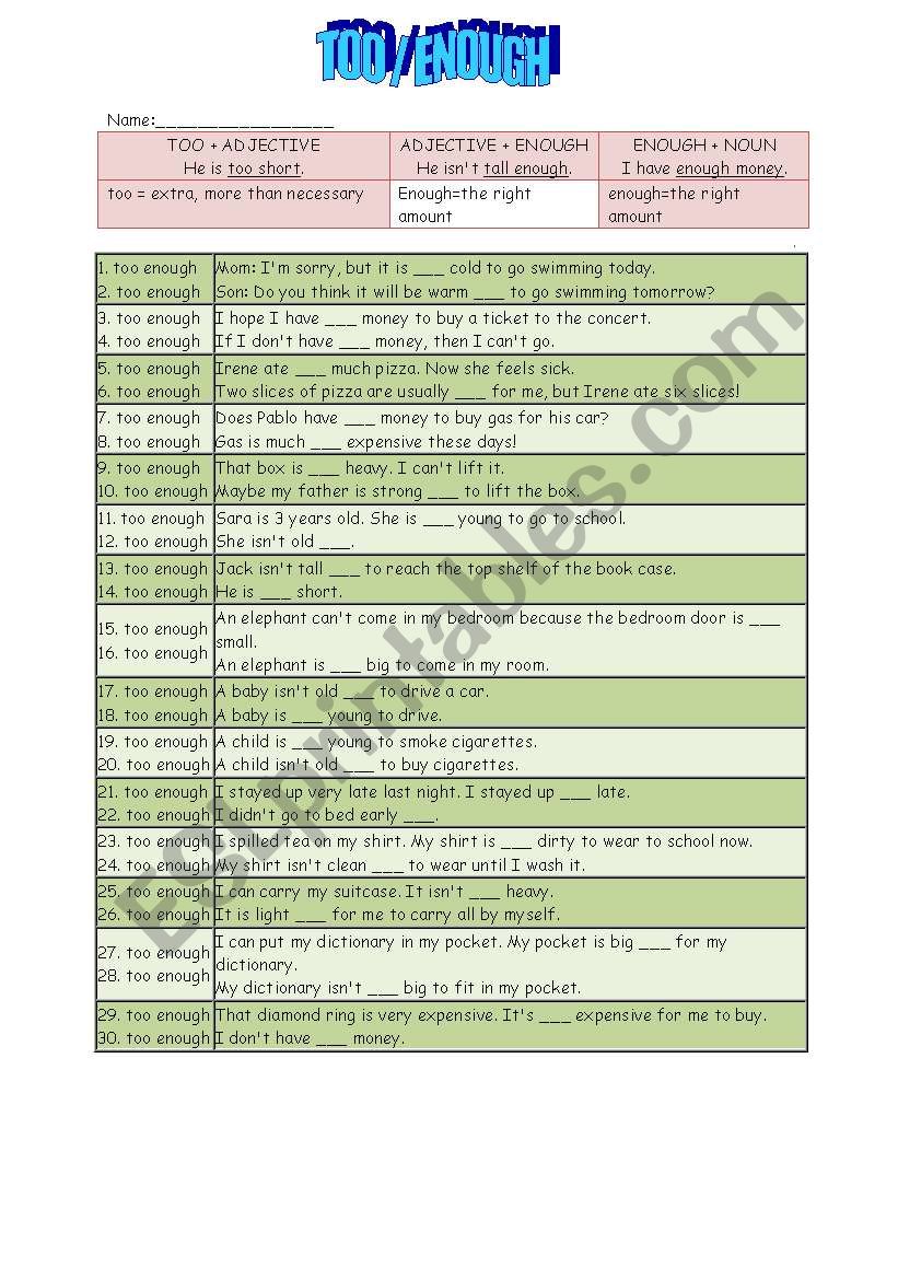 too or enough worksheet