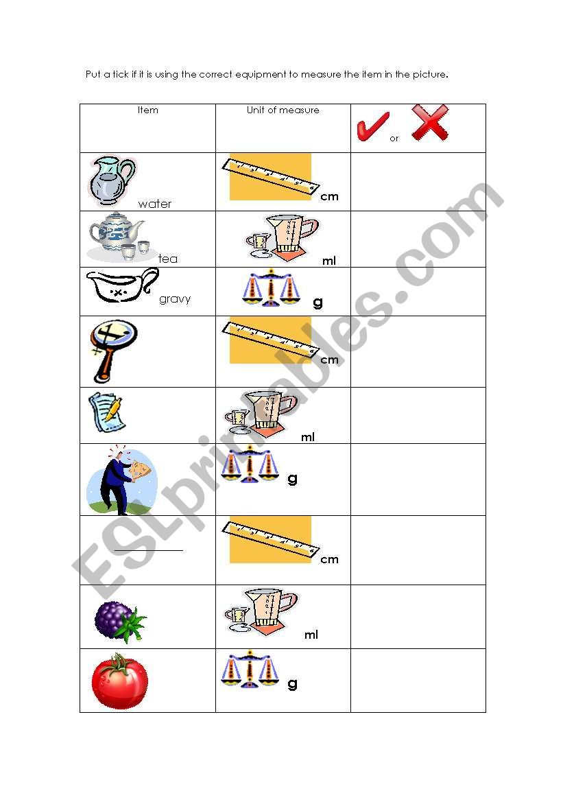 units of measure  worksheet