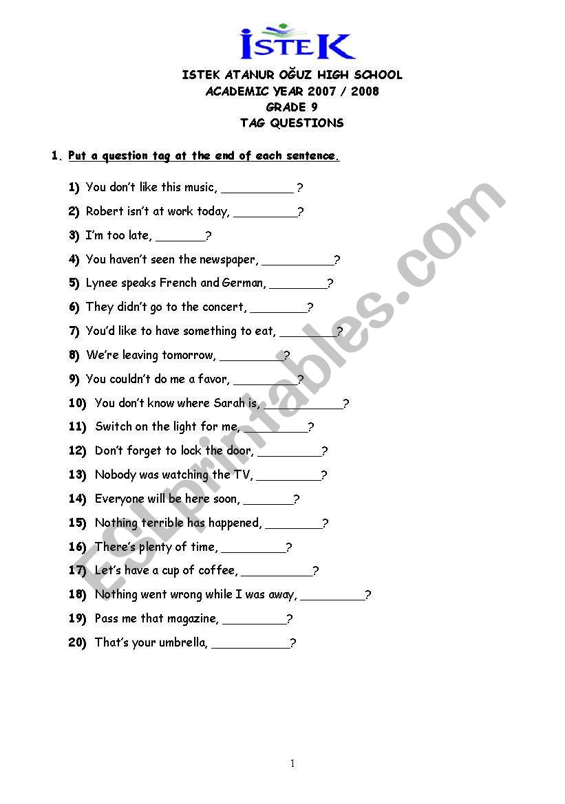 tag questions worksheet