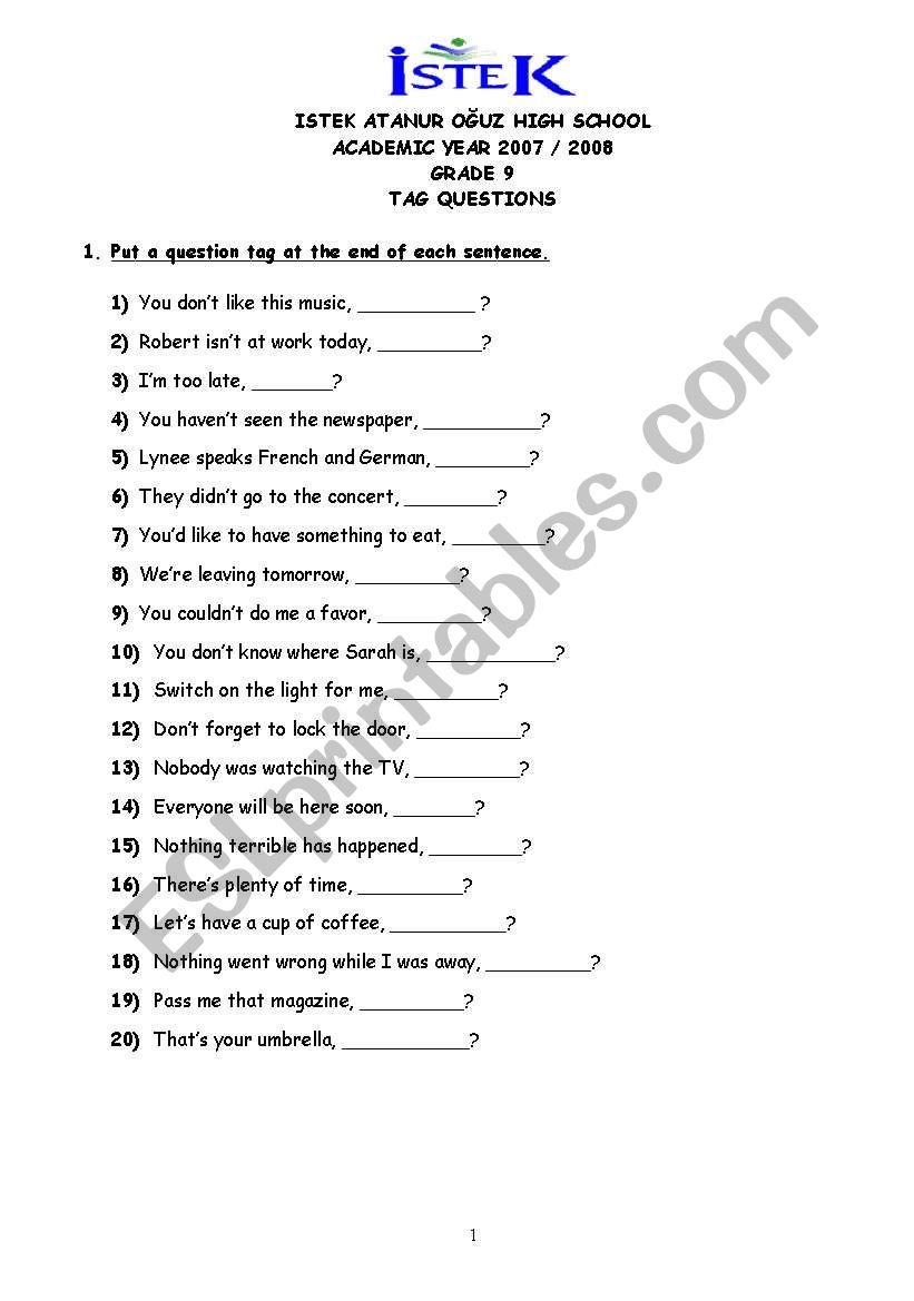 tag questions worksheet