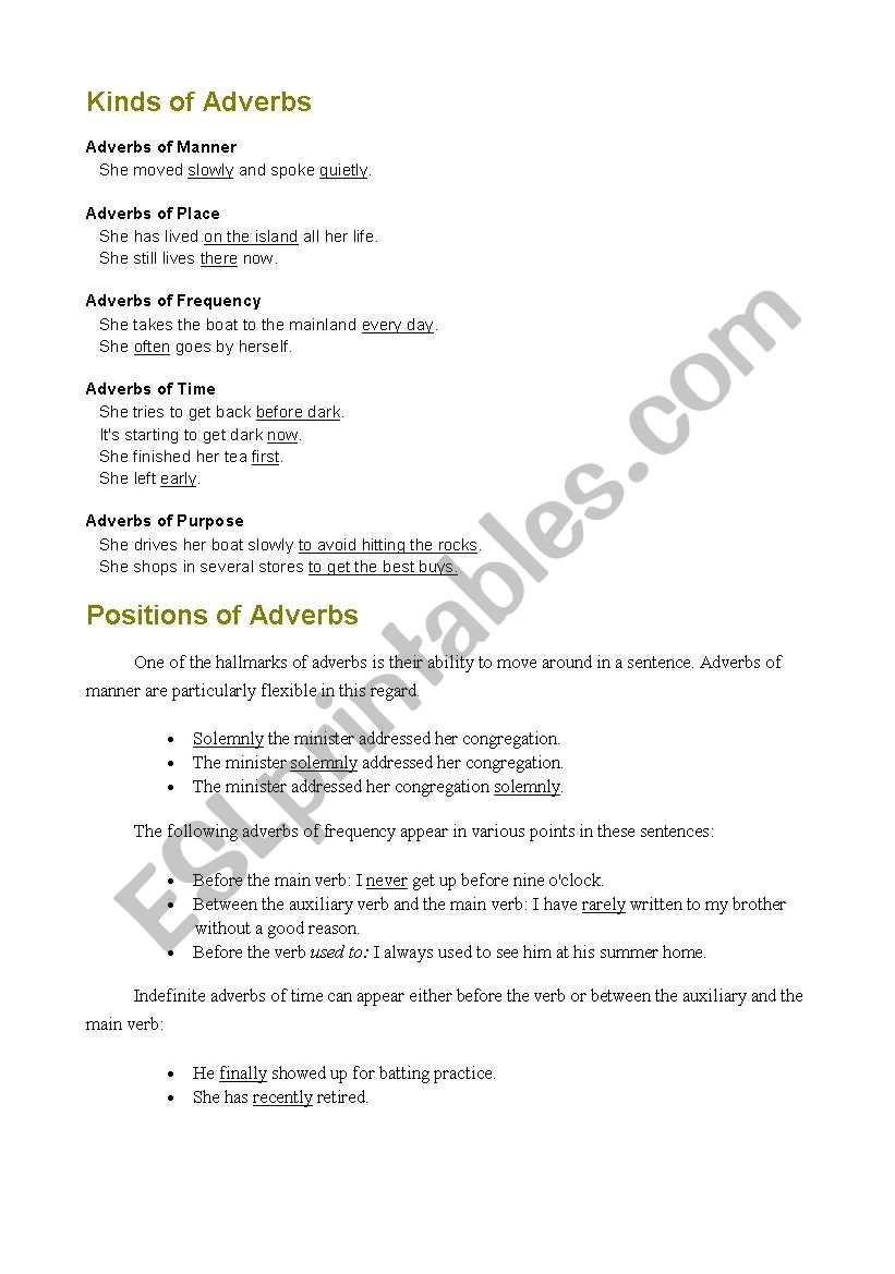 Kind of adverbs (summary) worksheet