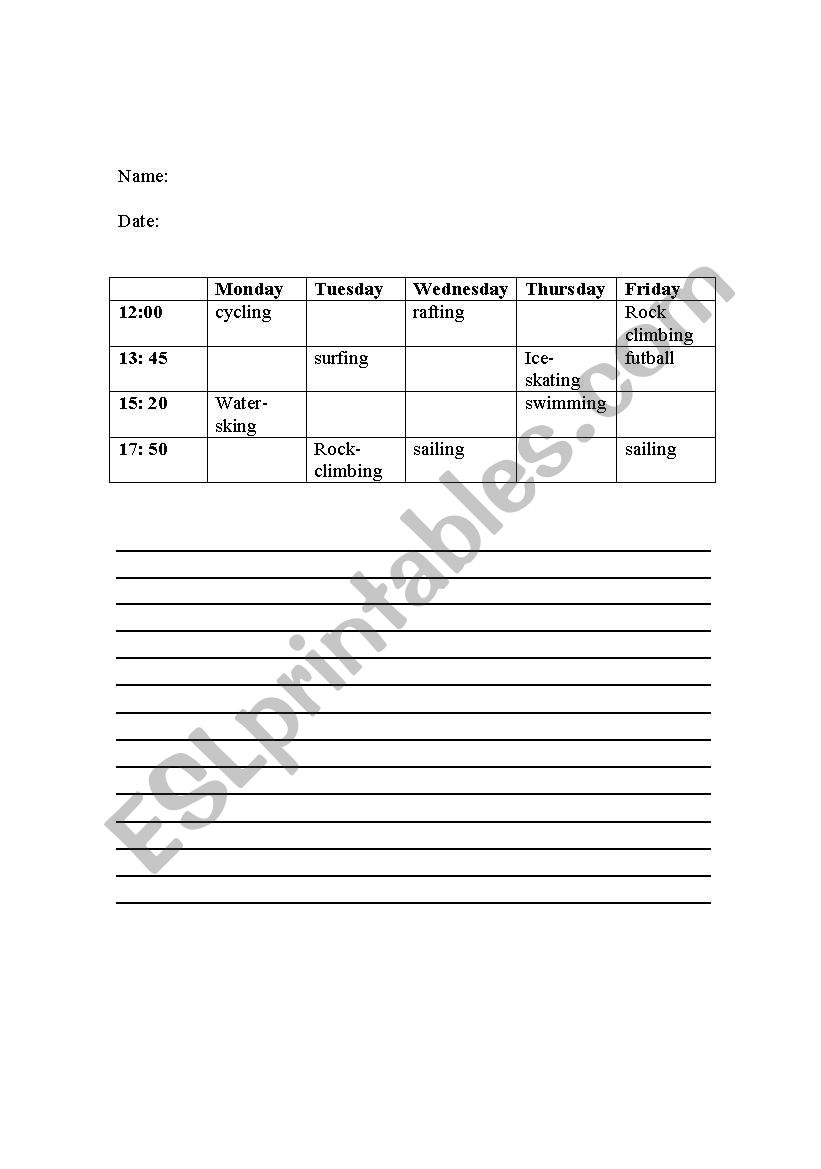 sport timetable worksheet