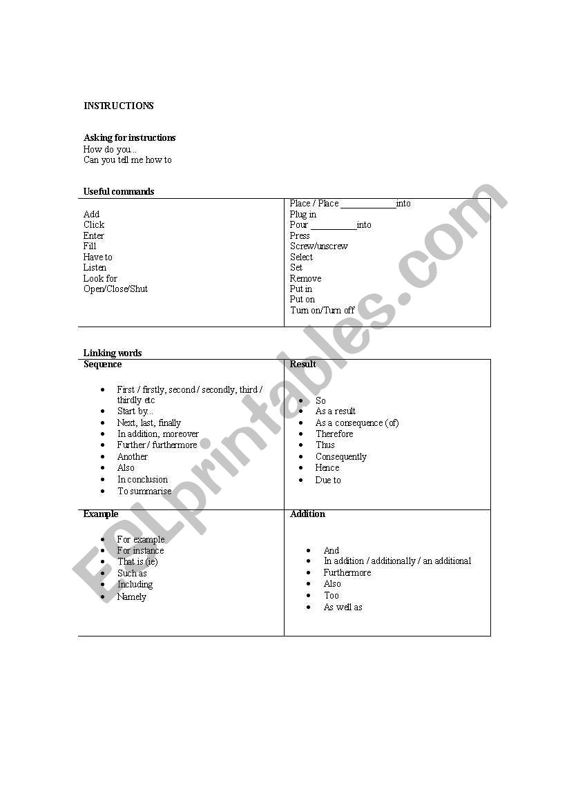 Giving Instructions worksheet