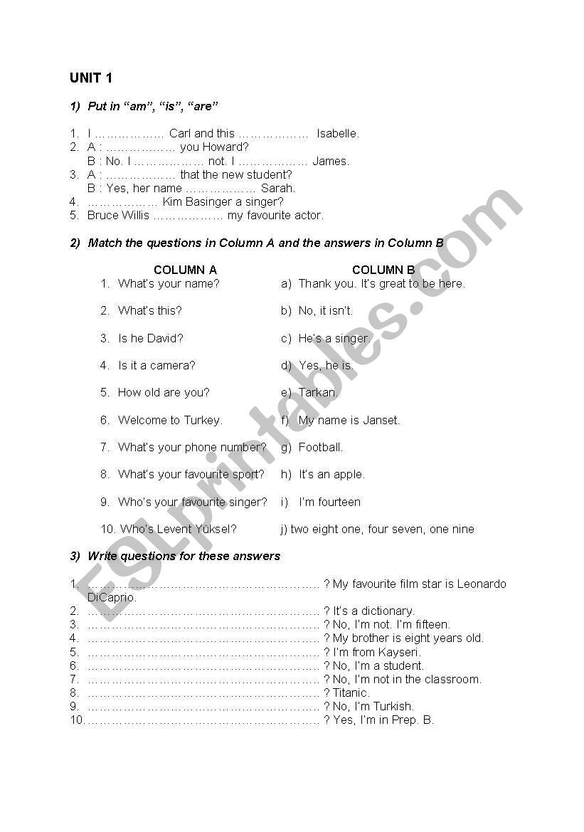 am/is/are worksheet