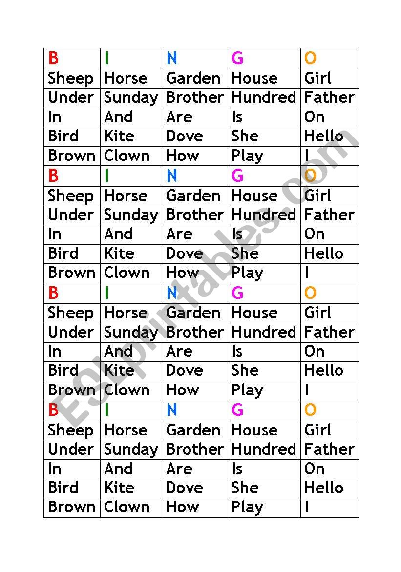 Word Bingo worksheet