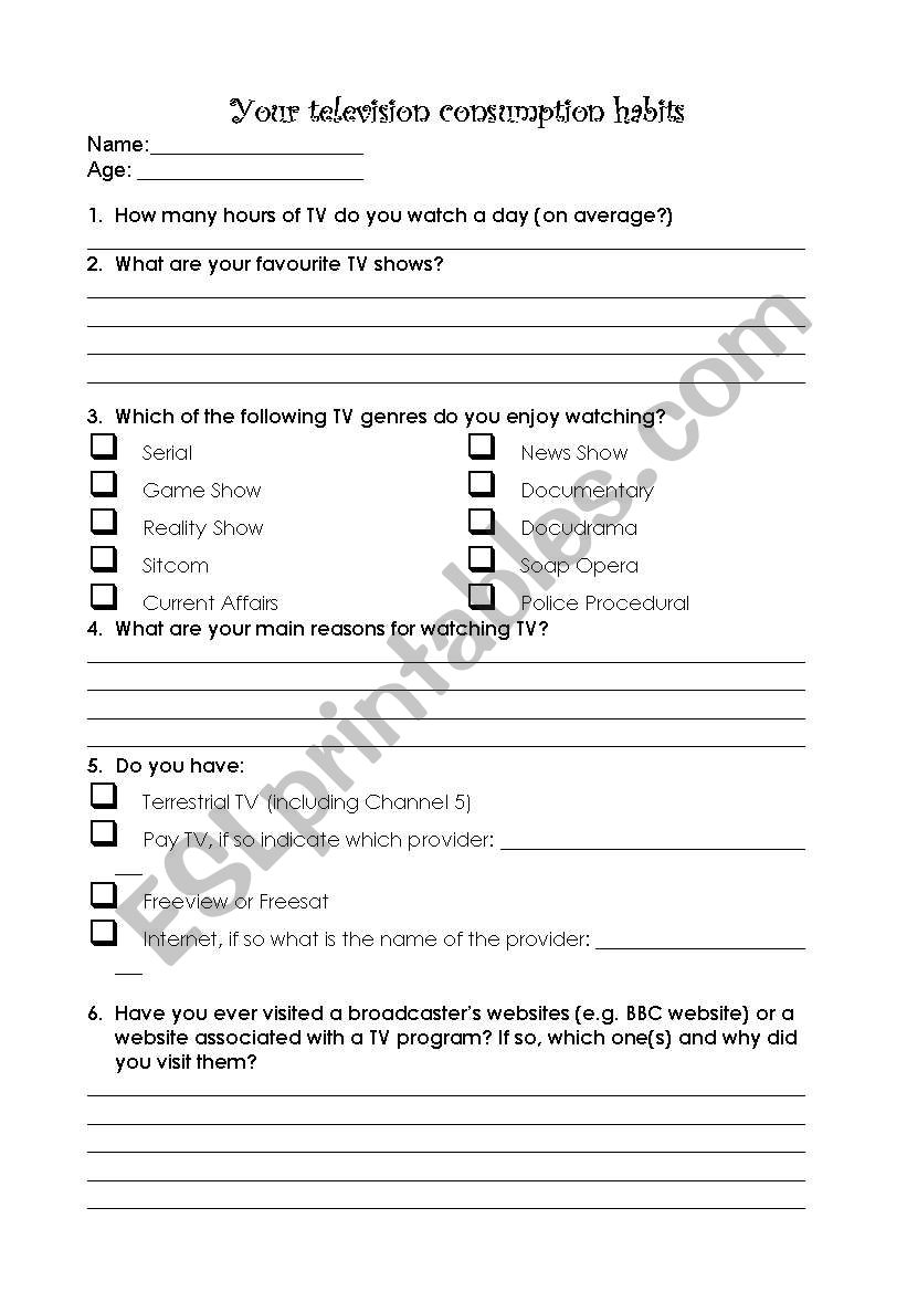 TV Consumption survey worksheet