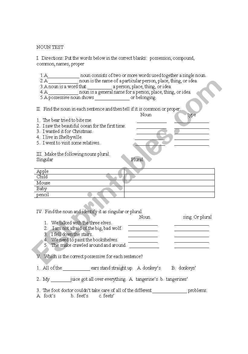 English Worksheets Noun Test Or Review