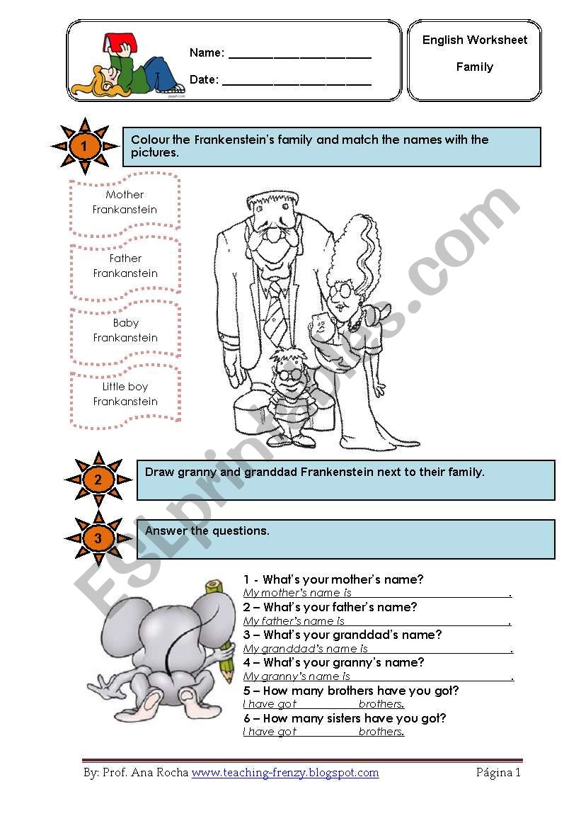 Family for young students worksheet