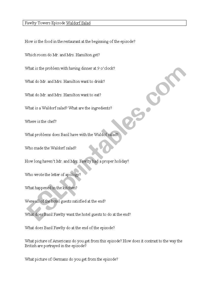 Fawlty Towers Episode Waldorf Salad Questions