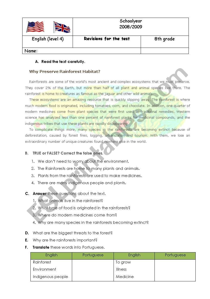 Rainforest worksheet