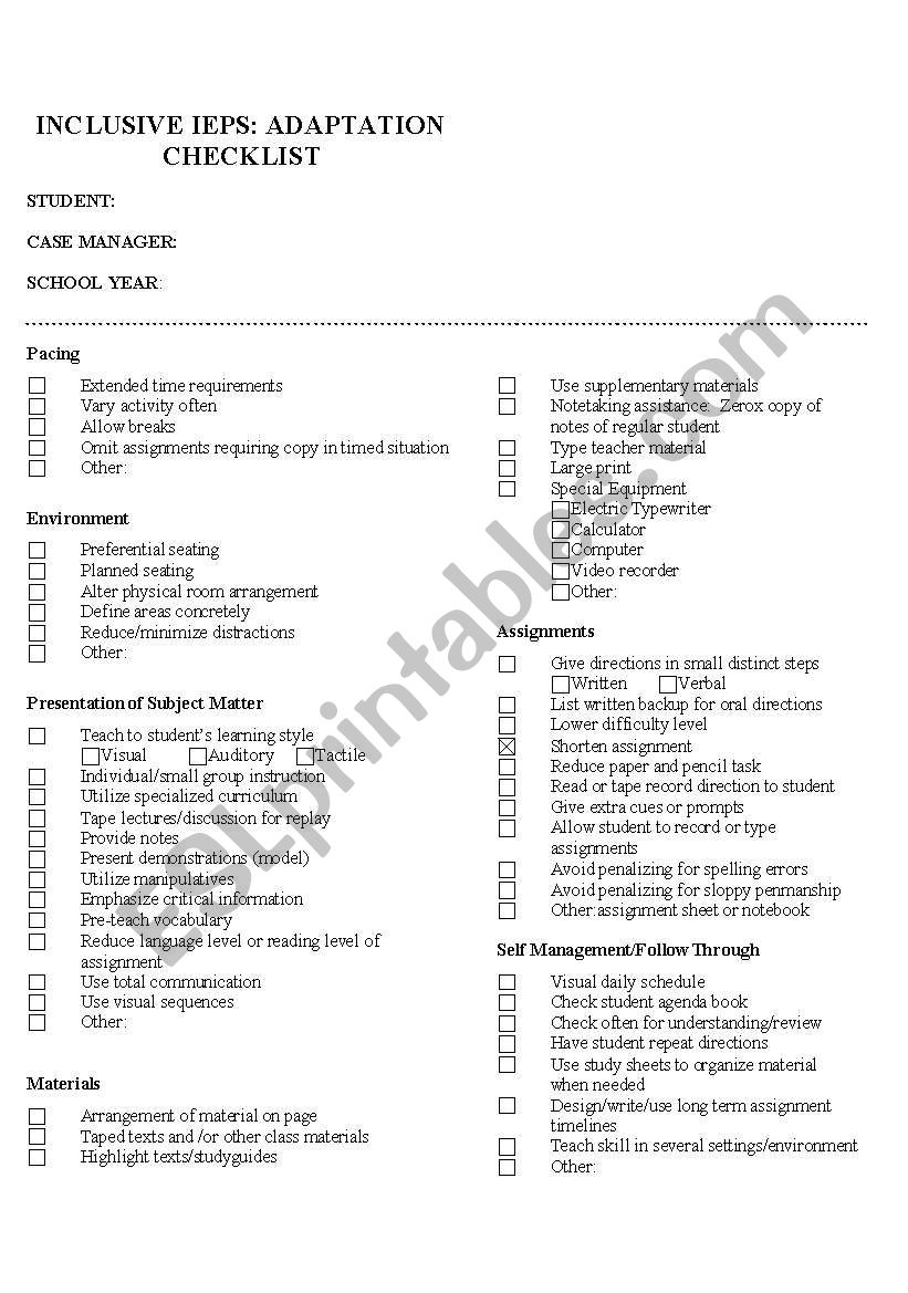 Accommodations Checklist worksheet