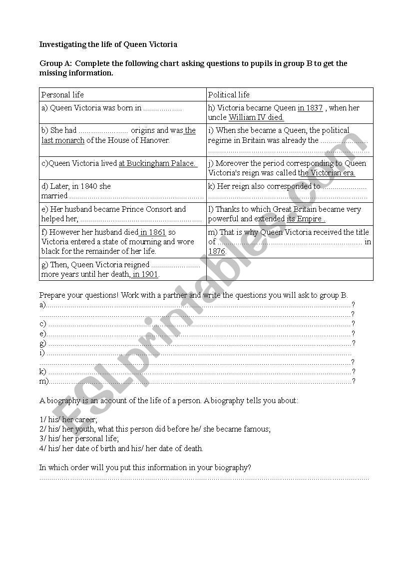 Worksheet for a group work on Queen Victoria, her life using the simple past