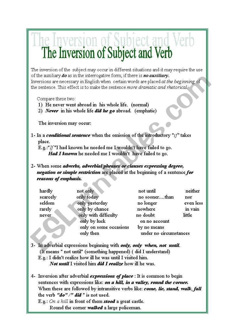 Inversion of Subject and Verb worksheet