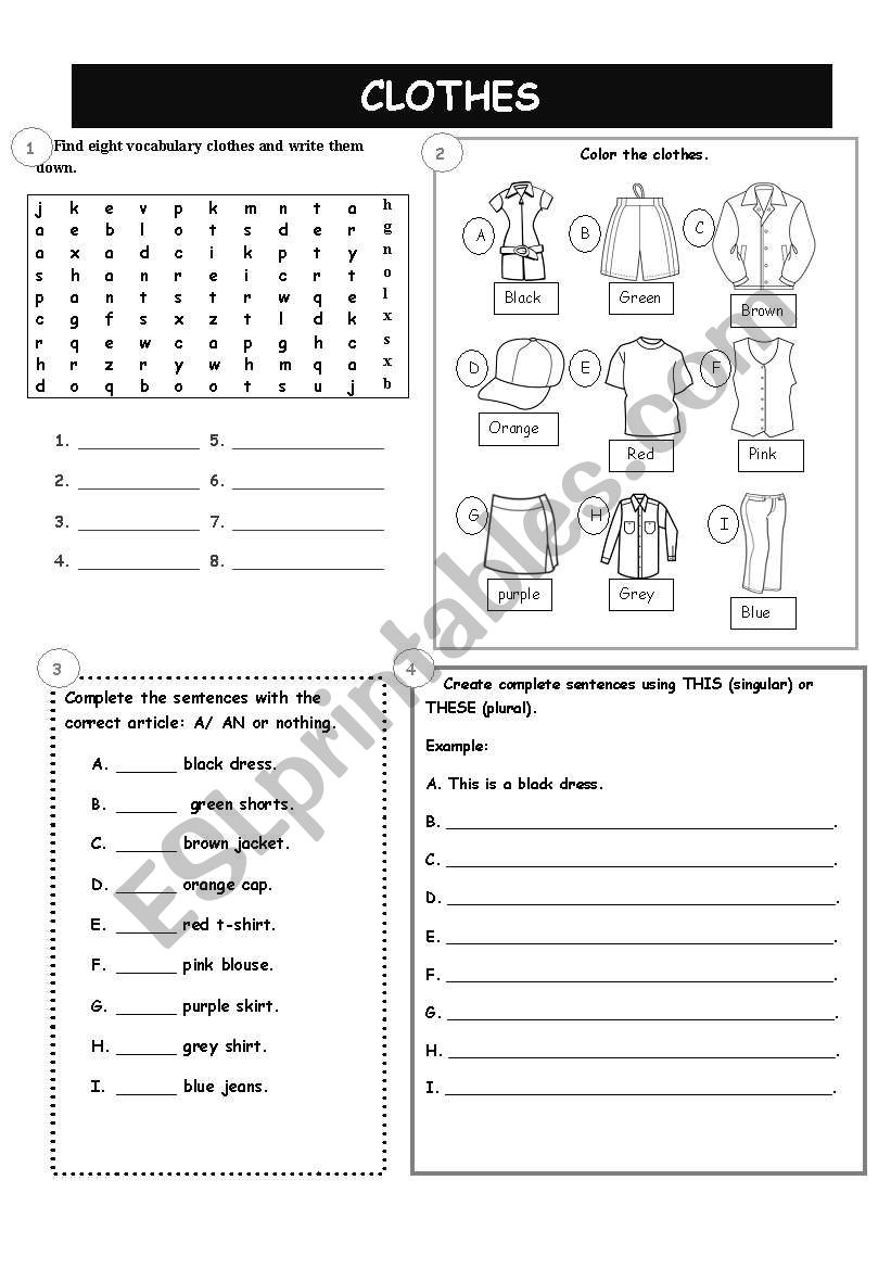 CLOTHES/ A-AN/THIS-THESE worksheet