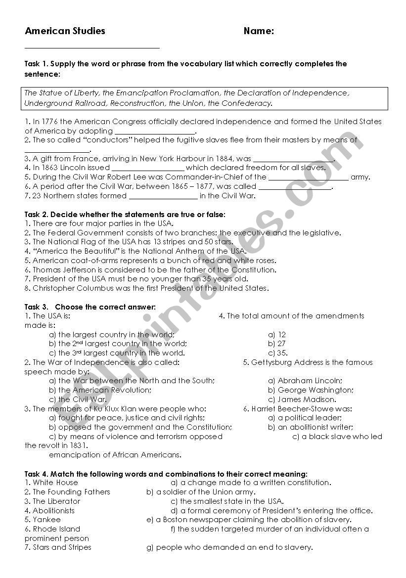 American Studies Test worksheet