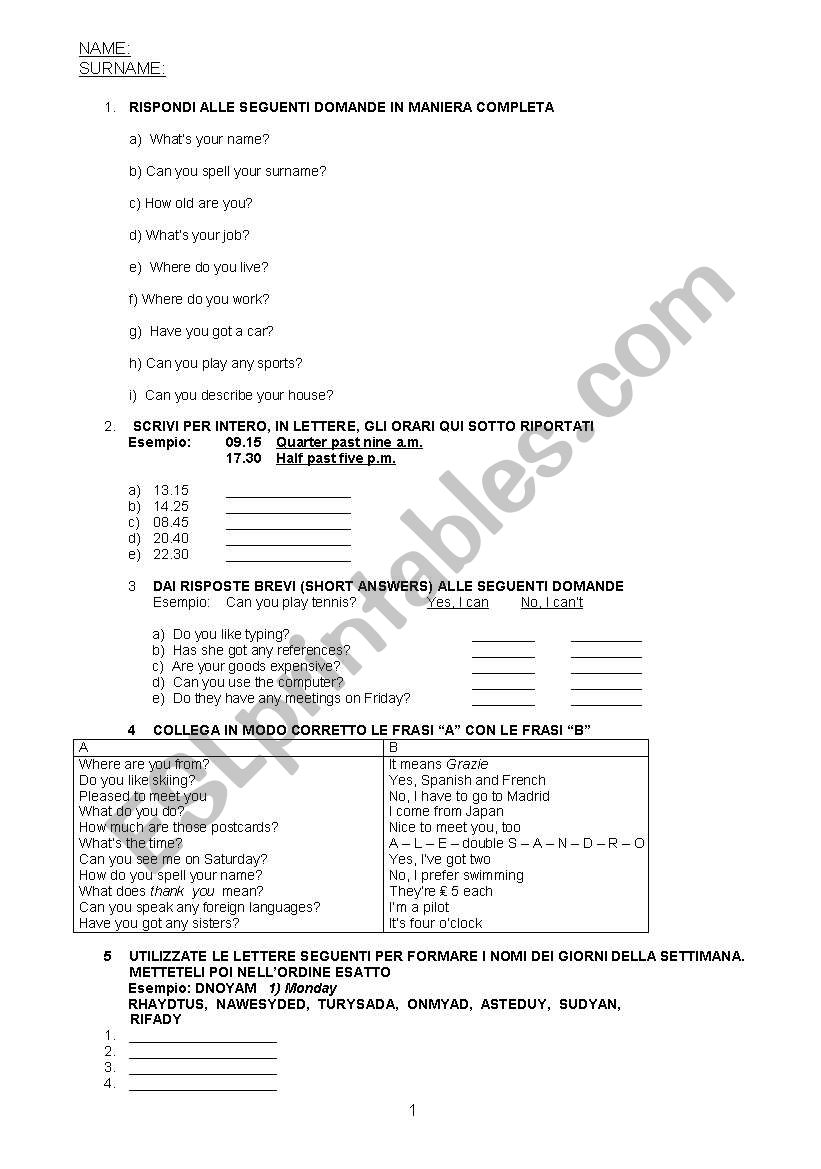 entry test 1 worksheet