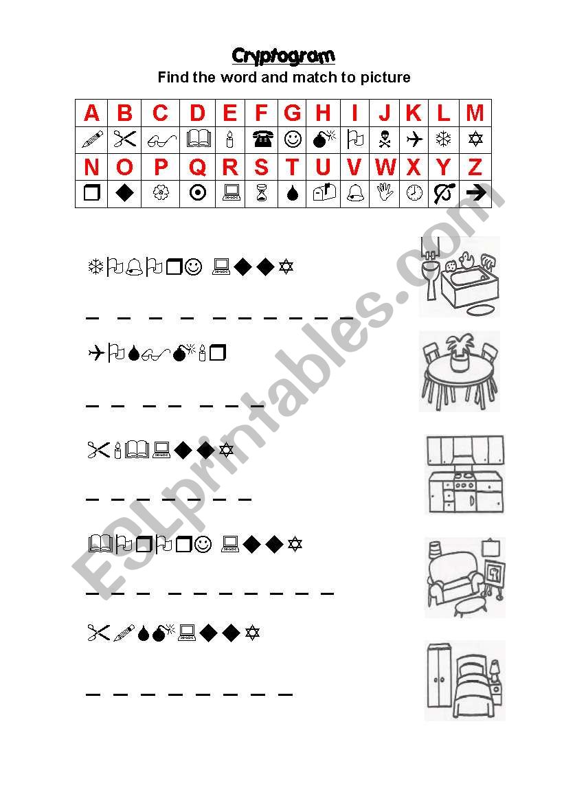 cryptogram rooms in the house worksheet