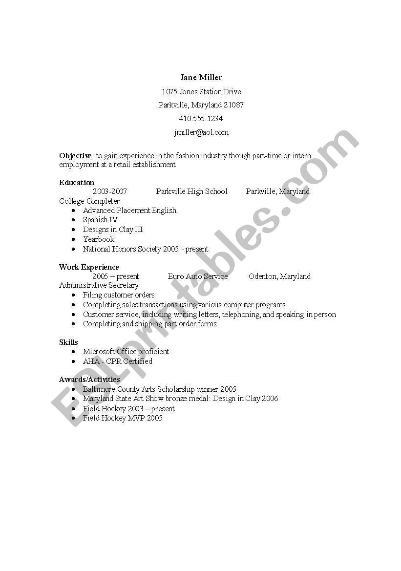 Sample student resume worksheet