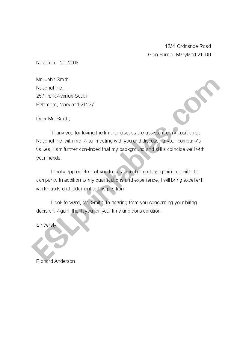 Thank you letter - Interview worksheet