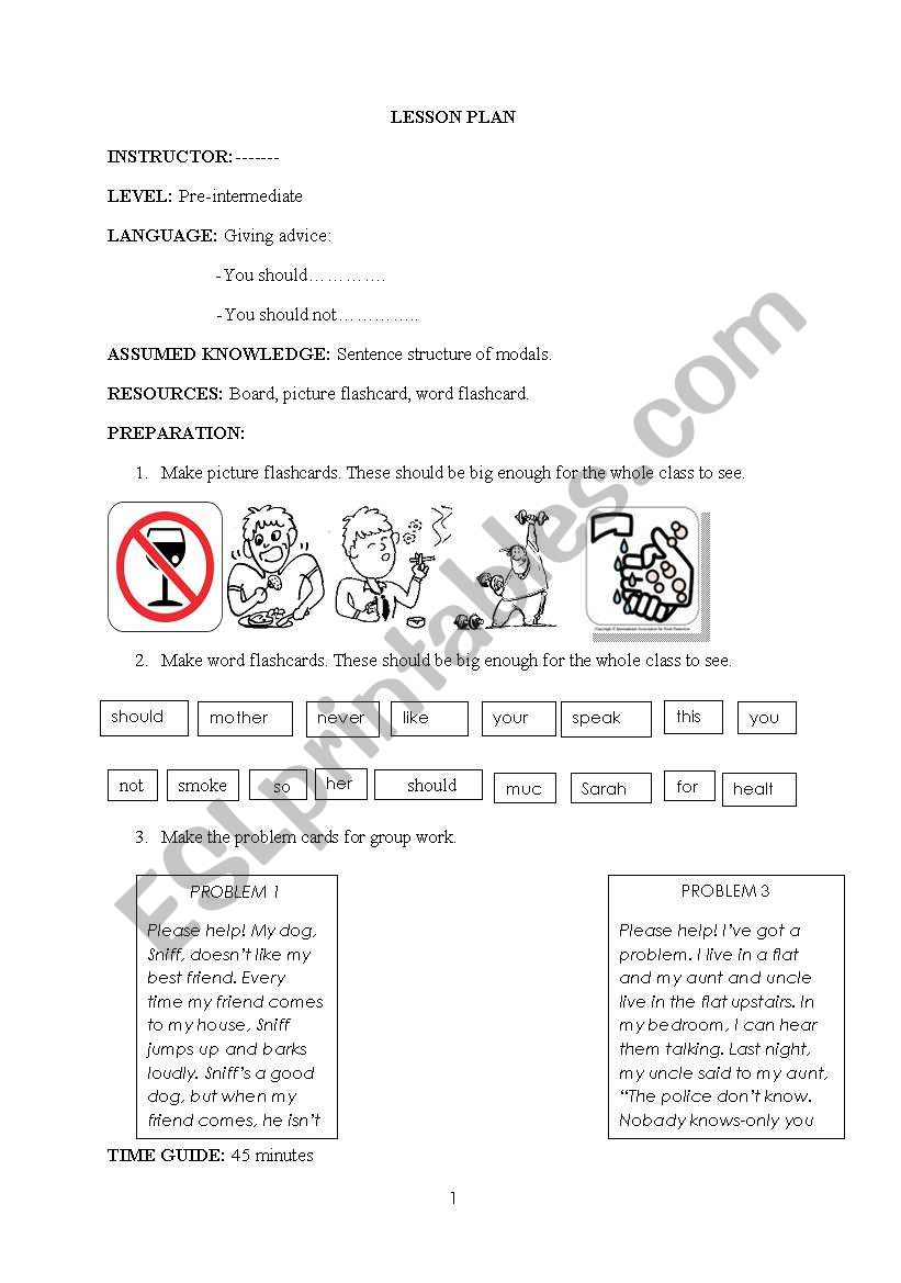 lesson plan for giving advice worksheet