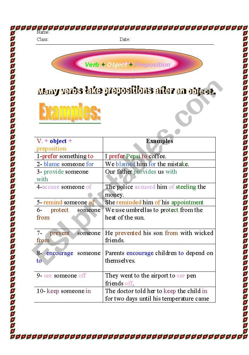 verb + object + preposition worksheet