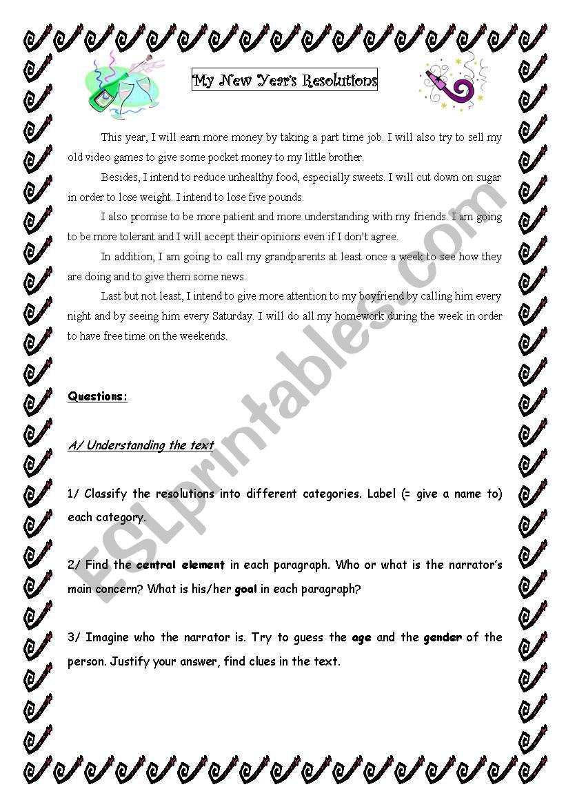 New years resolutions worksheet