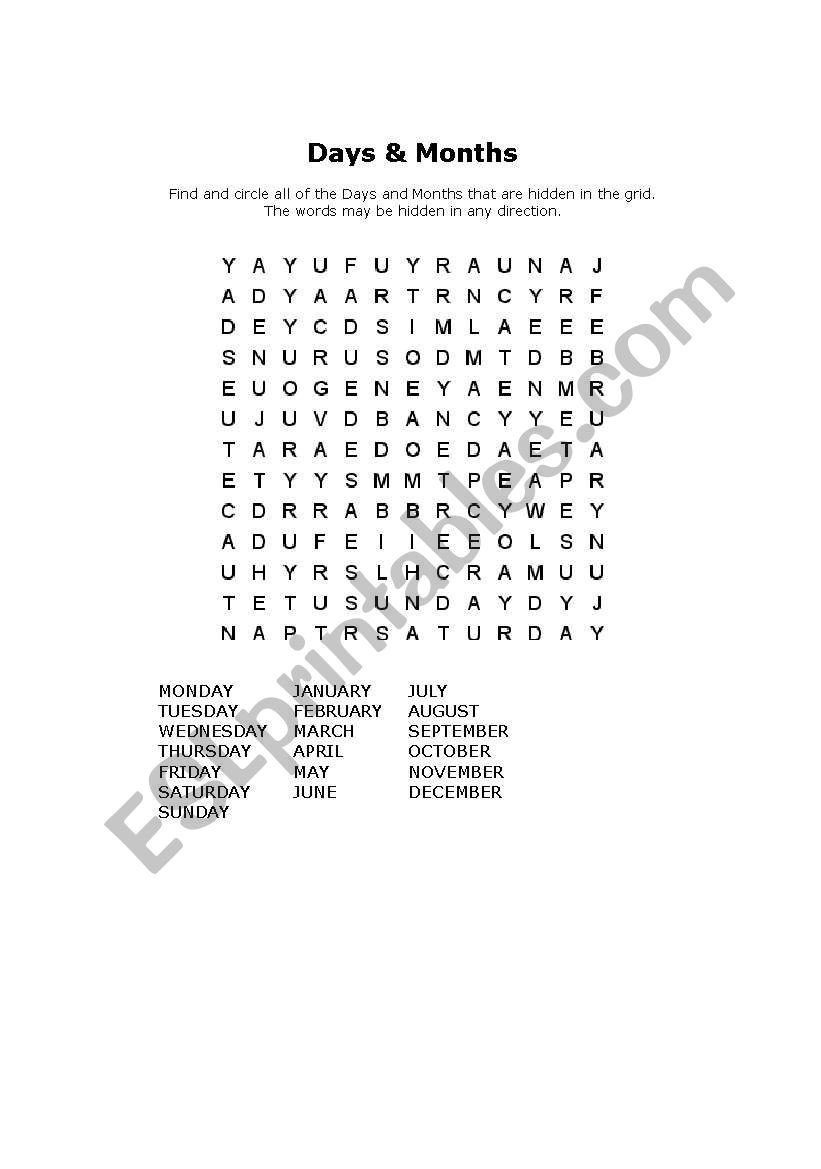 days and months worksheet
