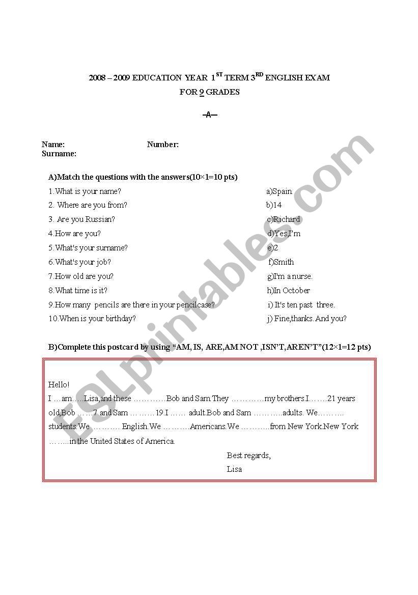 EXAM FOR 9.GRADE worksheet