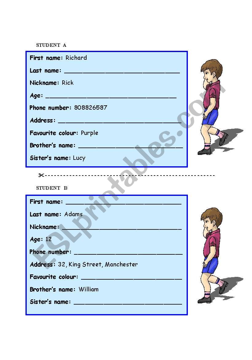 Pair work - personal information (boys)