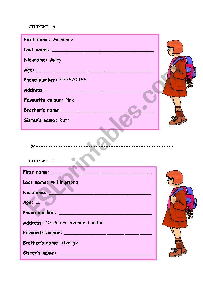 Pair work - personal information (girls)