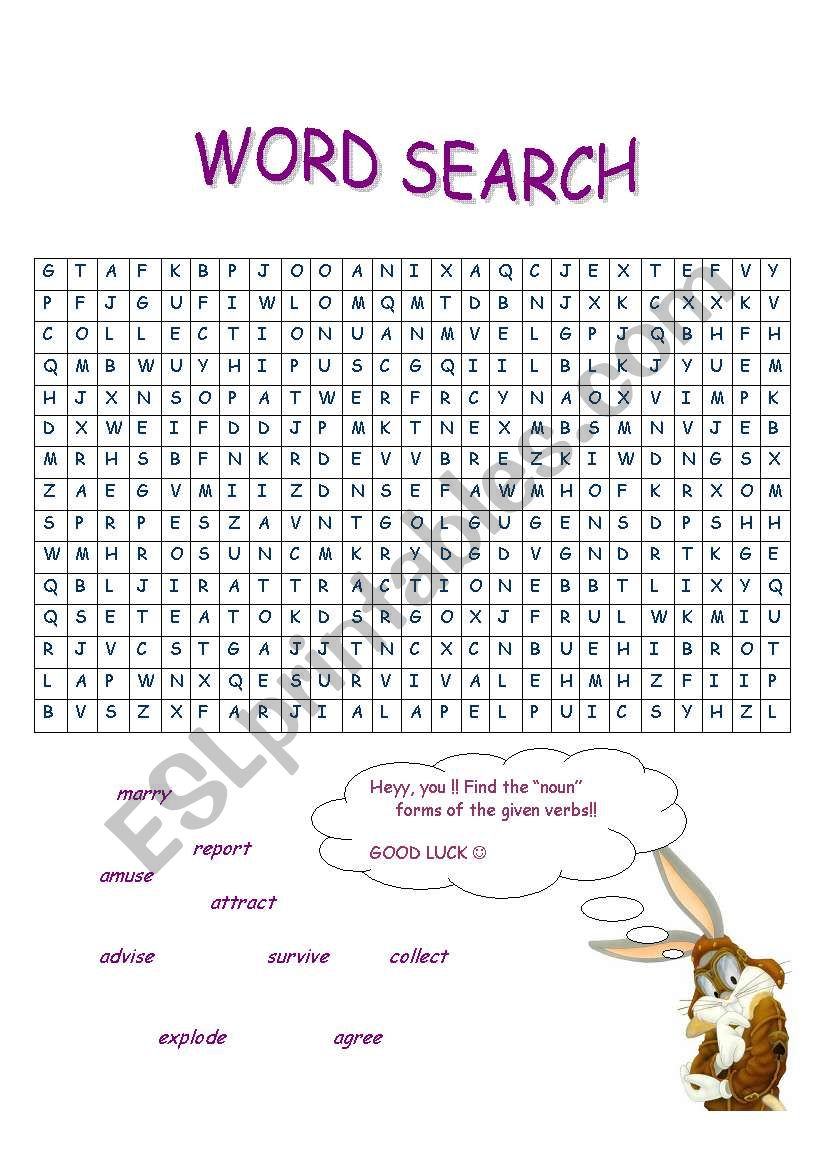 word search on the noun forms of some verbs