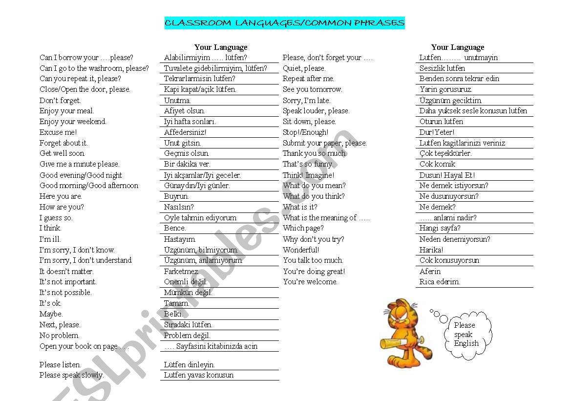 classroom languages/common phrases