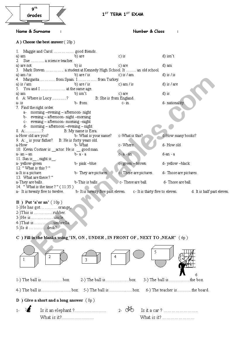 exam worksheet