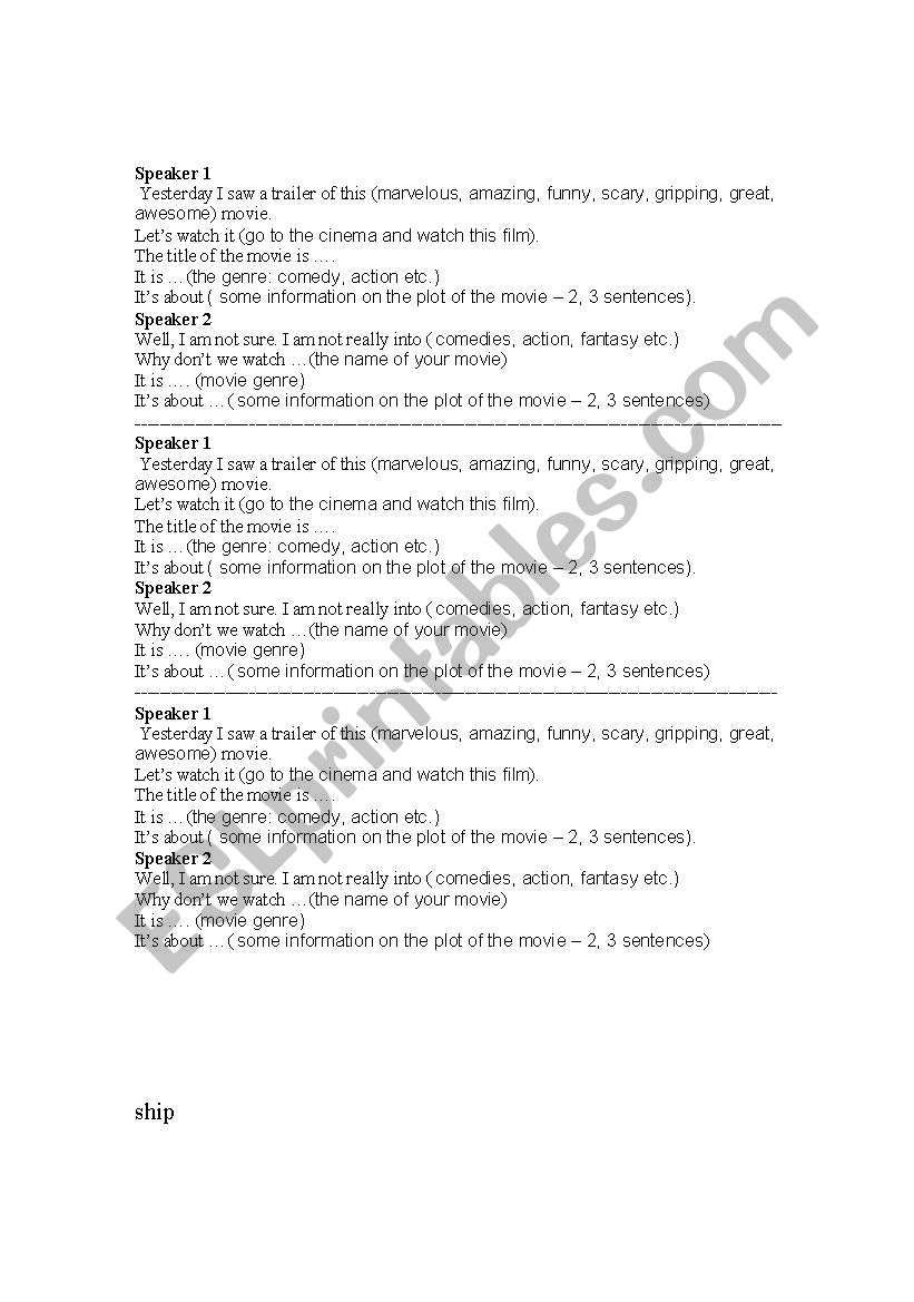 Communication cards Movies  worksheet