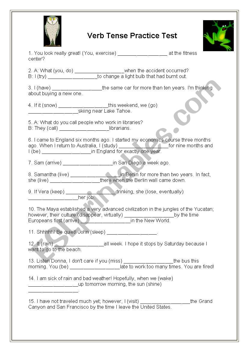 Verb Tense Practice Test worksheet