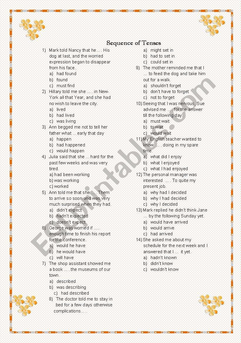 Sequence of Tenses worksheet