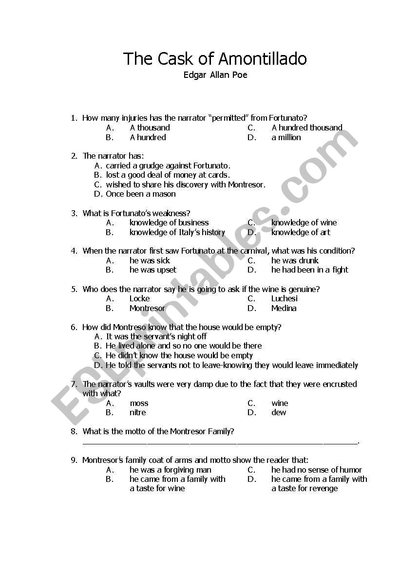 English worksheets: The Cask of Amontillado Inside The Cask Of Amontillado Worksheet