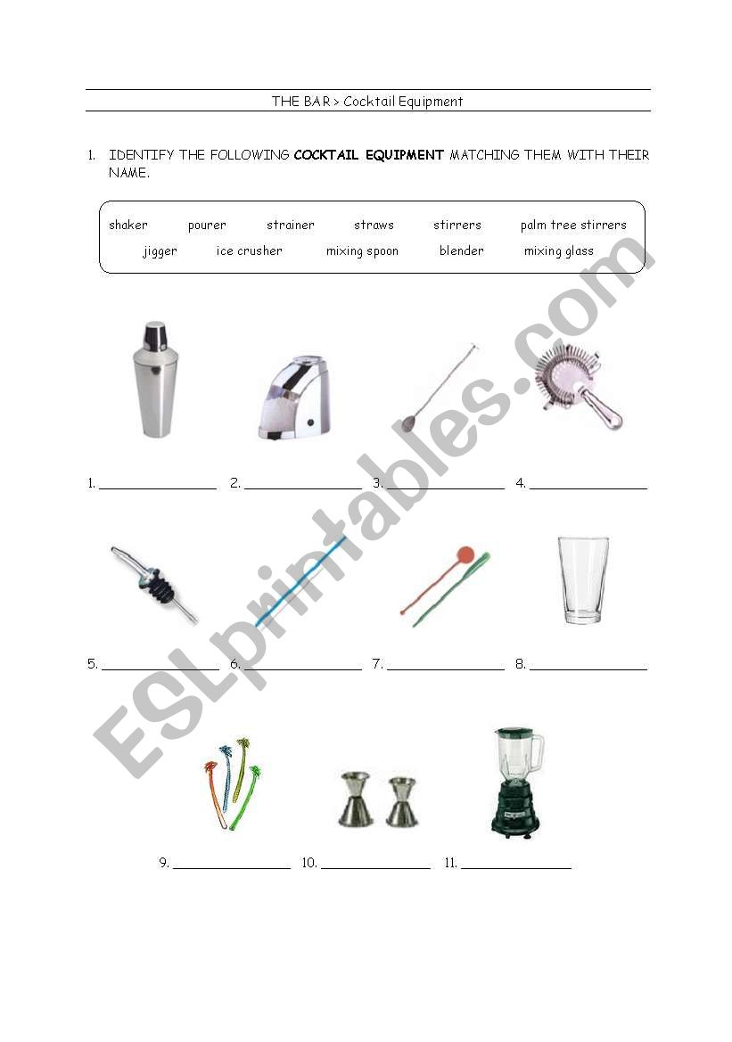 Cocktail equipment worksheet
