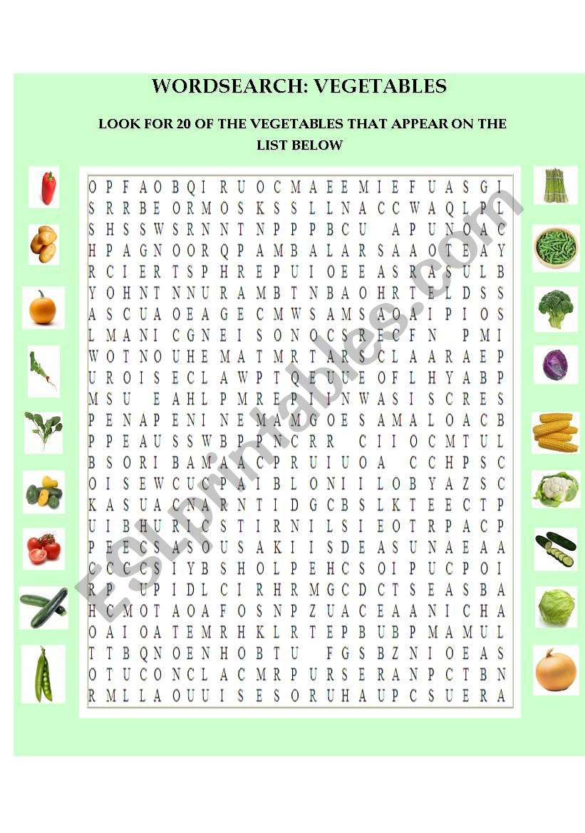 WORDSEARCH:VEGETABLES worksheet