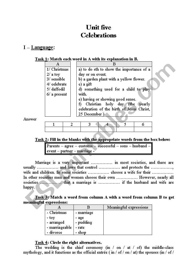 celebrations worksheet