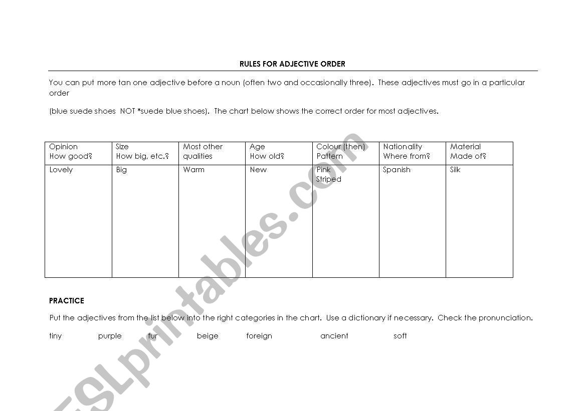 Adjective Order worksheet