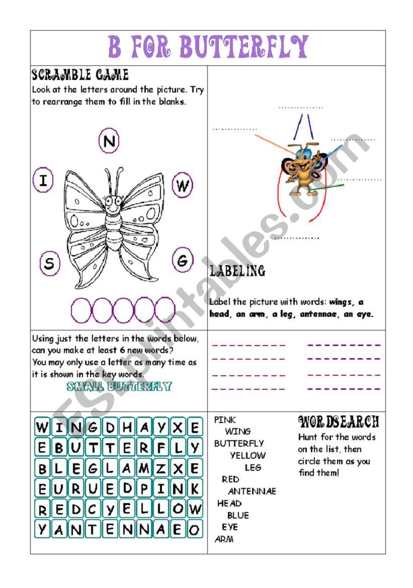 B for BUTTERFLY worksheet