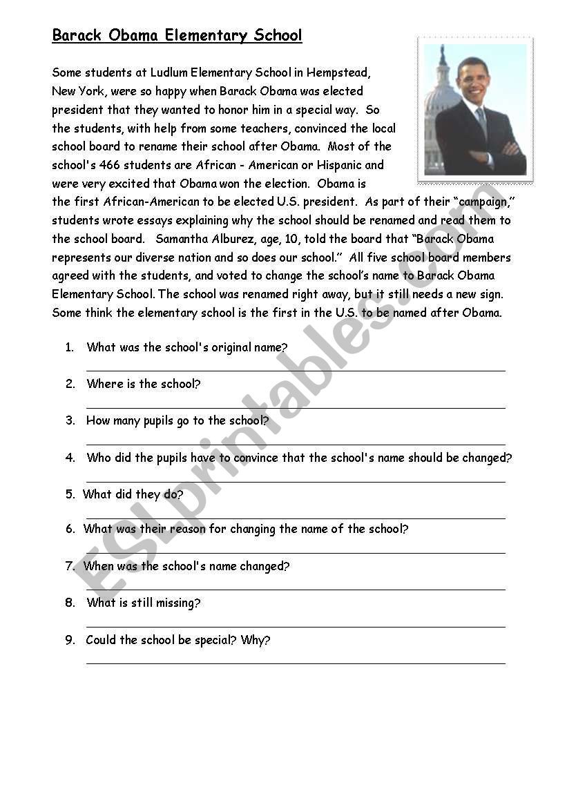 Barack Obama Elementry School worksheet