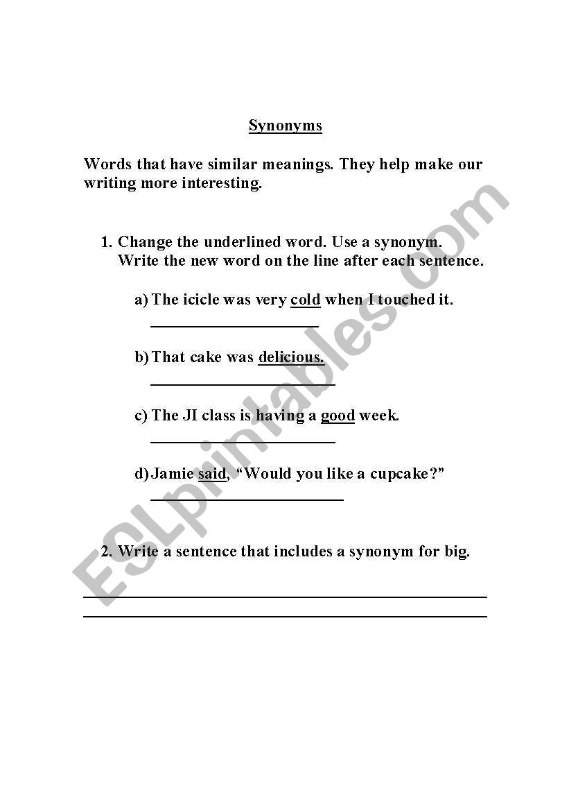 Synonyms worksheet worksheet