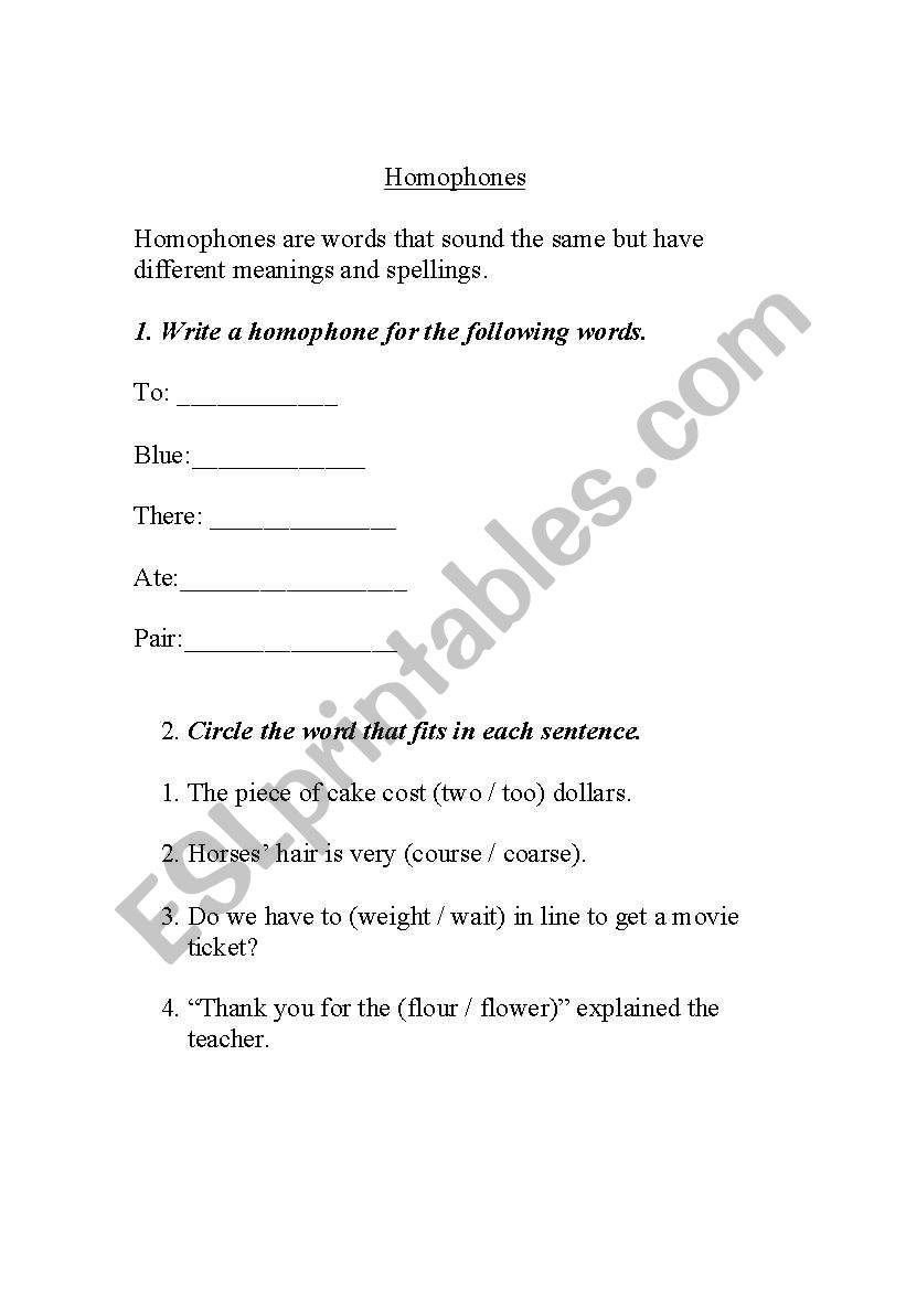 Homophone Worksheet worksheet