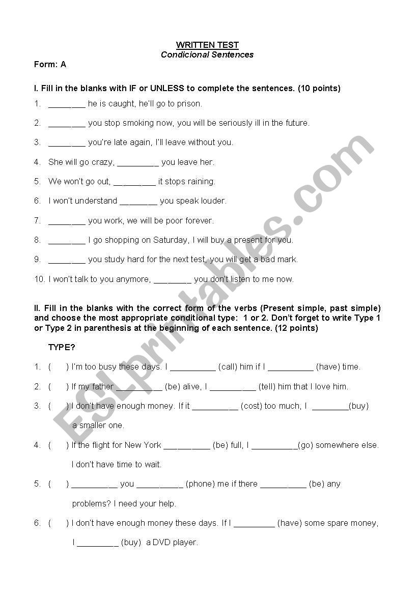 Test of conditional sentences worksheet