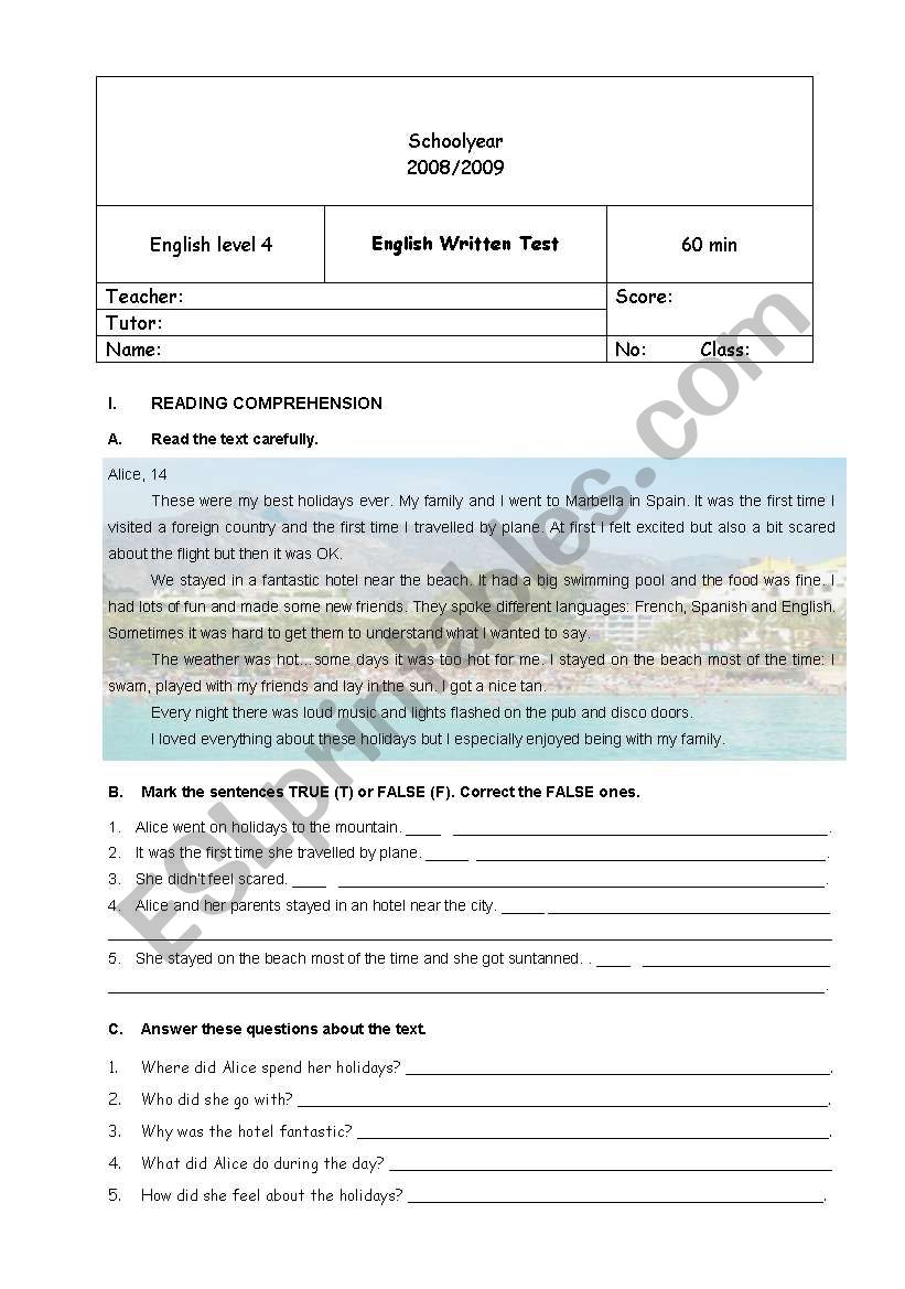 Holidays worksheet