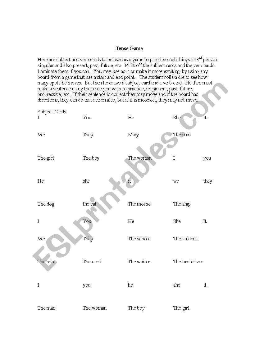 Verb Tense Game worksheet