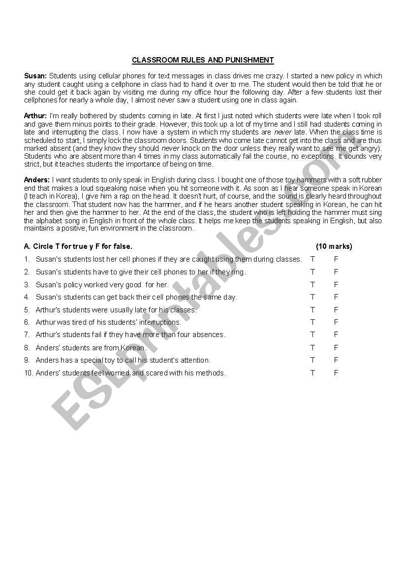 Reading exercise worksheet